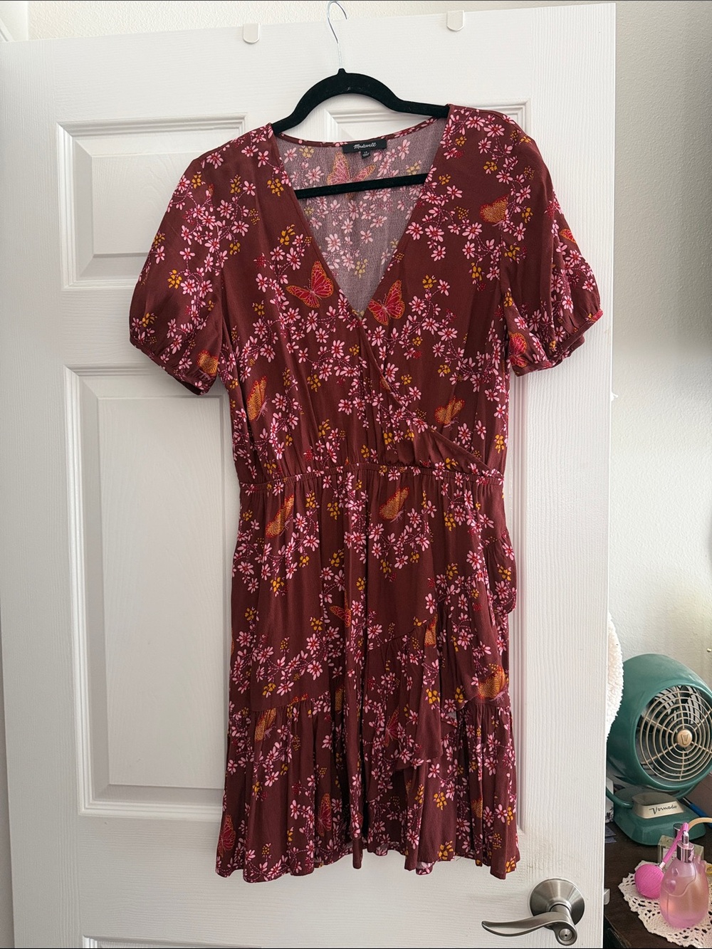 Madewell Floral faux Wrap Mini Dress in Burgundy with butterflies